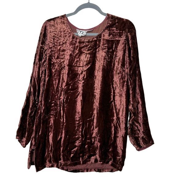Vintage 90s XTC Crushed Velvet Tunic Top Women's Medium Whimsygoth Copper Brown - Picture 5 of 5